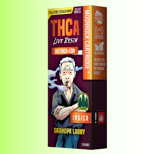 3 Tall Pines vape cartridge Grandpa Larry Flavor product packaging with 'THCA' and 'Indica' text on a gradient background. For customers in the Kenosha and Racine area