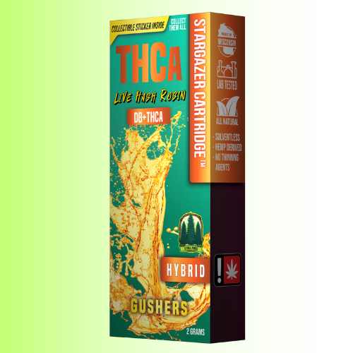 THCA 3 tall pines gushers flavor product packaging with green and orange design on a gradient background. For customers in the Kenosha and Racine area