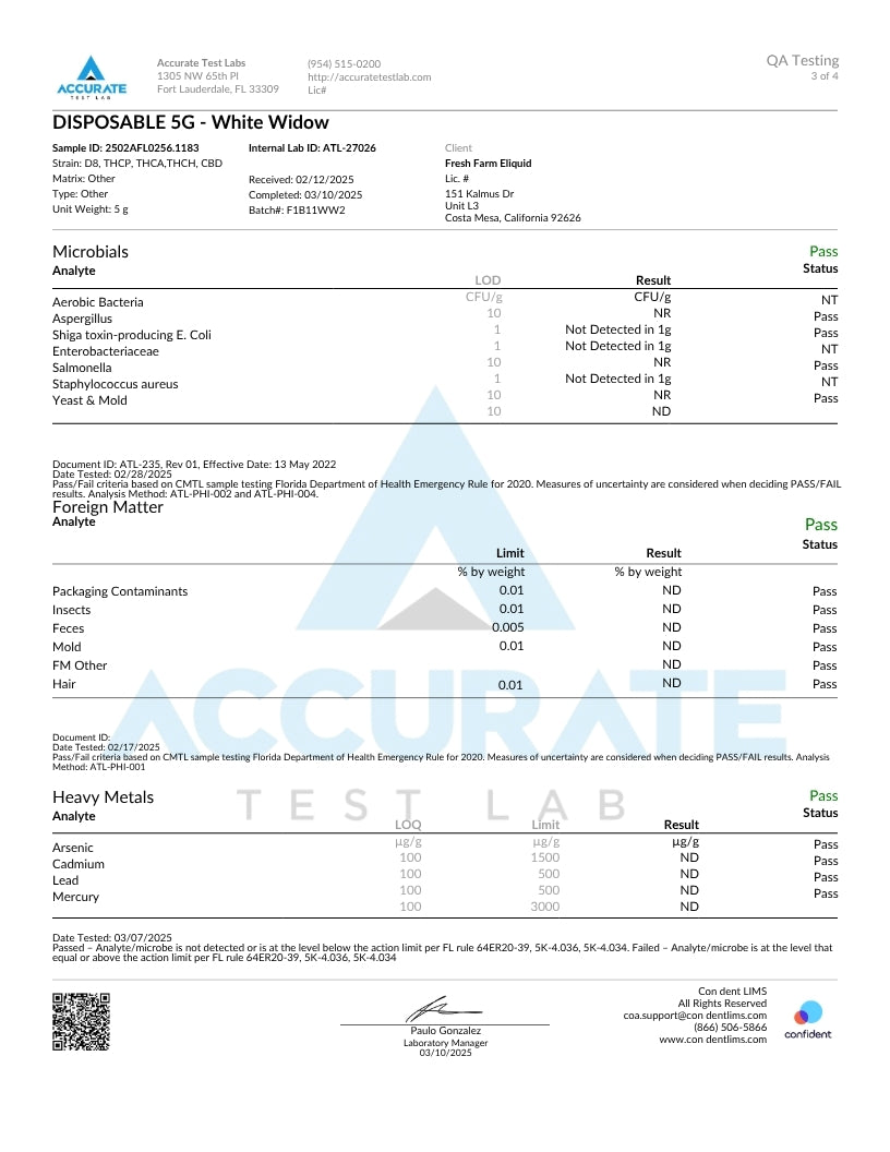 A FDA-cleared Test Report card for 'Disposable 5G - White Widow' from AccuTest Labs, showing detailed quality metrics, microbial analysis, heavy metals, and packaging information in a structured table format.