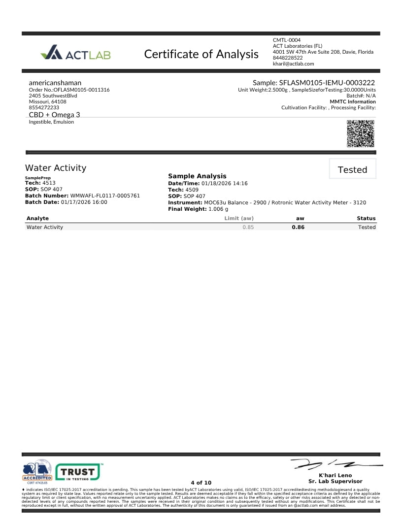A digital document showing a Certificate of Analysis from ACT Lab for a water bottle. The certificate includes product details such as brand (americanspan), order number, sample ID, and analysis results for water activity and fat content, along with company logos and contact information.