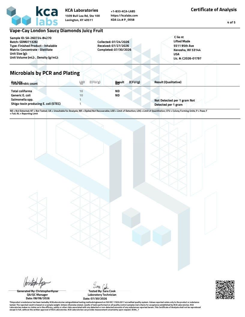 A Certificate of Analysis document from KCA Labs and HCA Laboratories showing microbiological test results for Vape-Cay London Sausi Diamonds Juicy Fruit, with text tables, a barcode, and a geometric logo on a white background.