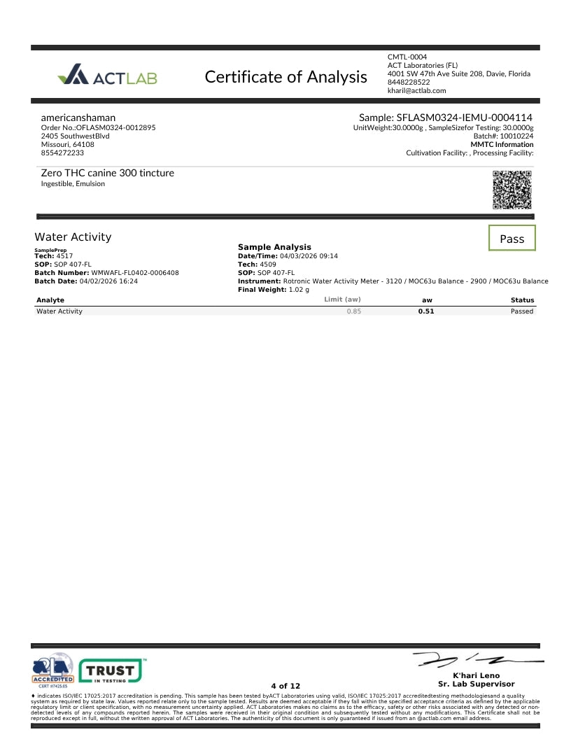 A Certificate of Analysis document from ACT LAB for a Zero THC canine 300 g/tincture sample, showing sample details, batch numbers, and a water activity status indicator.