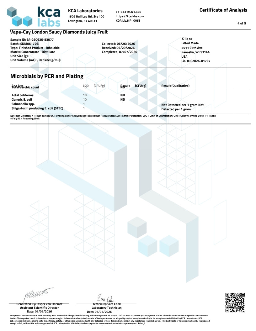 A Certificate of Analysis document from KCA Labs and HCA Laboratories, detailing the microbiological and chemical analysis results for Vape-Cry London Diamonds Strawberry Gushers.