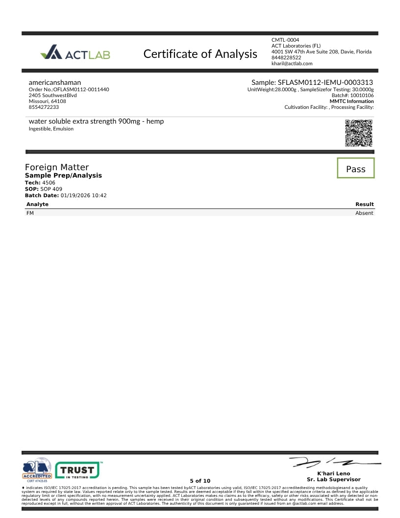 A Certificate of Analysis document from Act Lab, dated 2021/06/05, for a sample of Nano CBD Gummies (30 count - Peach) from Arkansas. The certificate includes sample details, a QR code, and a 'Pass' verdict for foreign matter, presented on a white background with black text and green/blue logo accents.