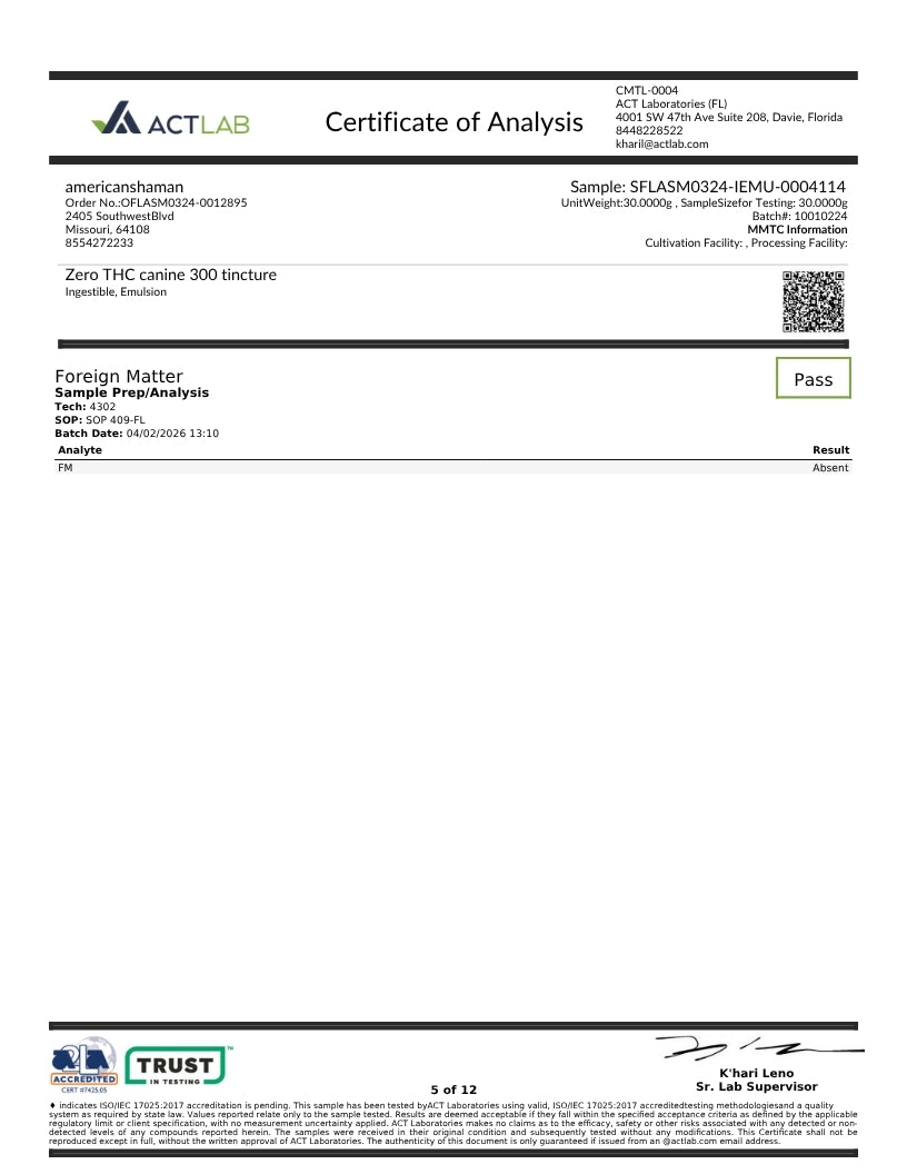 A document-style Certificate of Analysis page from ACT LAB with black text, a green PASS badge, a QR code, and a small Trust logo at the bottom on a white background.
