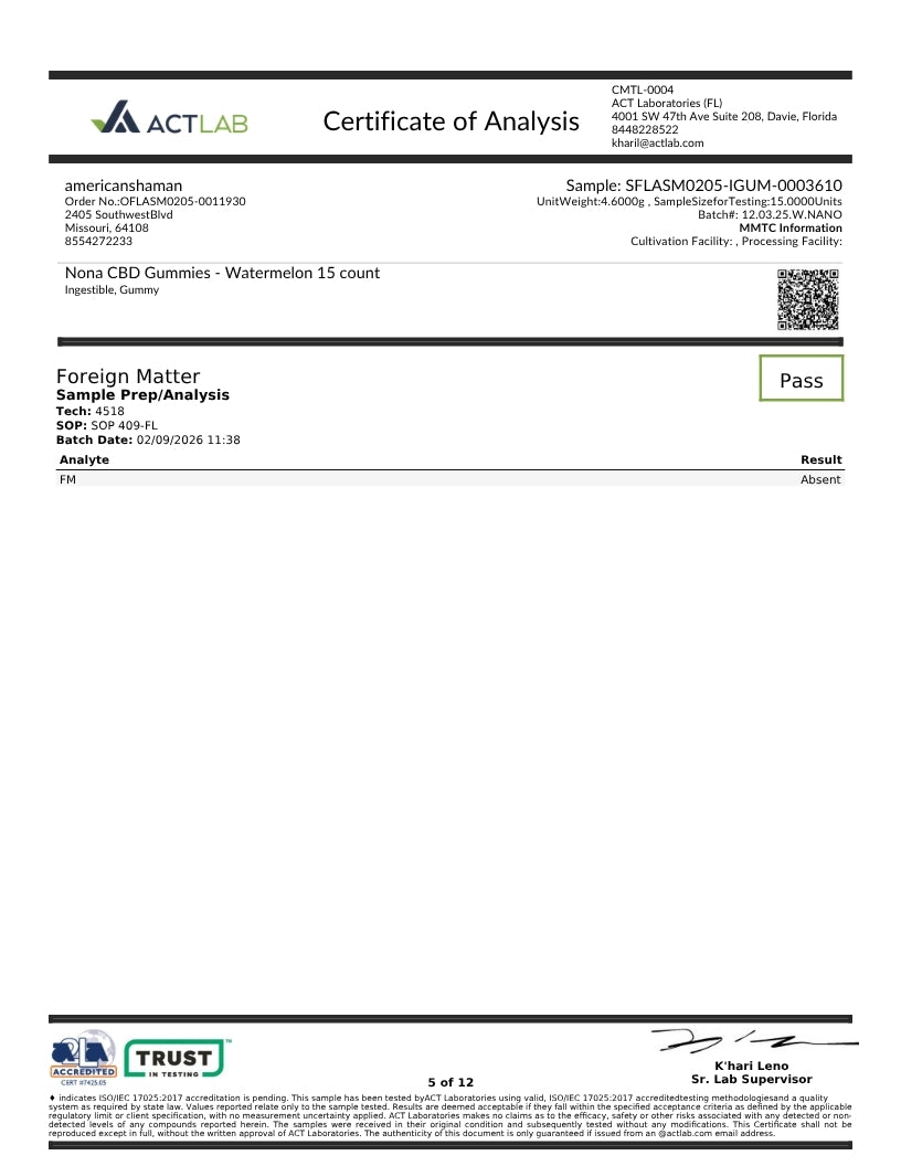 A Certificate of Analysis document from Act Lab, dated 2021/06/05, for a sample of Nano CBD Gummies (30 count - Peach) from Arkansas. The certificate includes sample details, a QR code, and a 'Pass' verdict for foreign matter, presented on a white background with black text and green/blue logo accents.