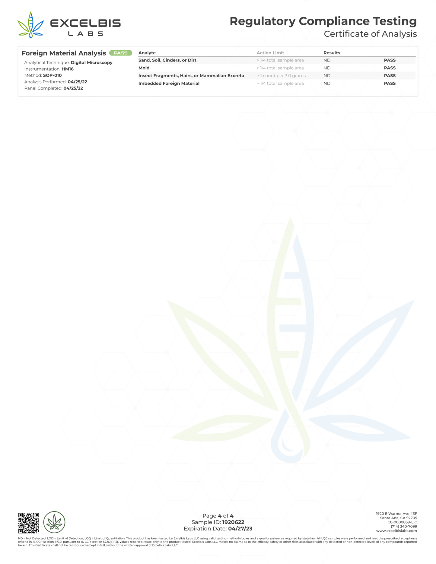 Regulatory compliance testing certificate with Excelabis Labs logo and cannabis leaf symbol.