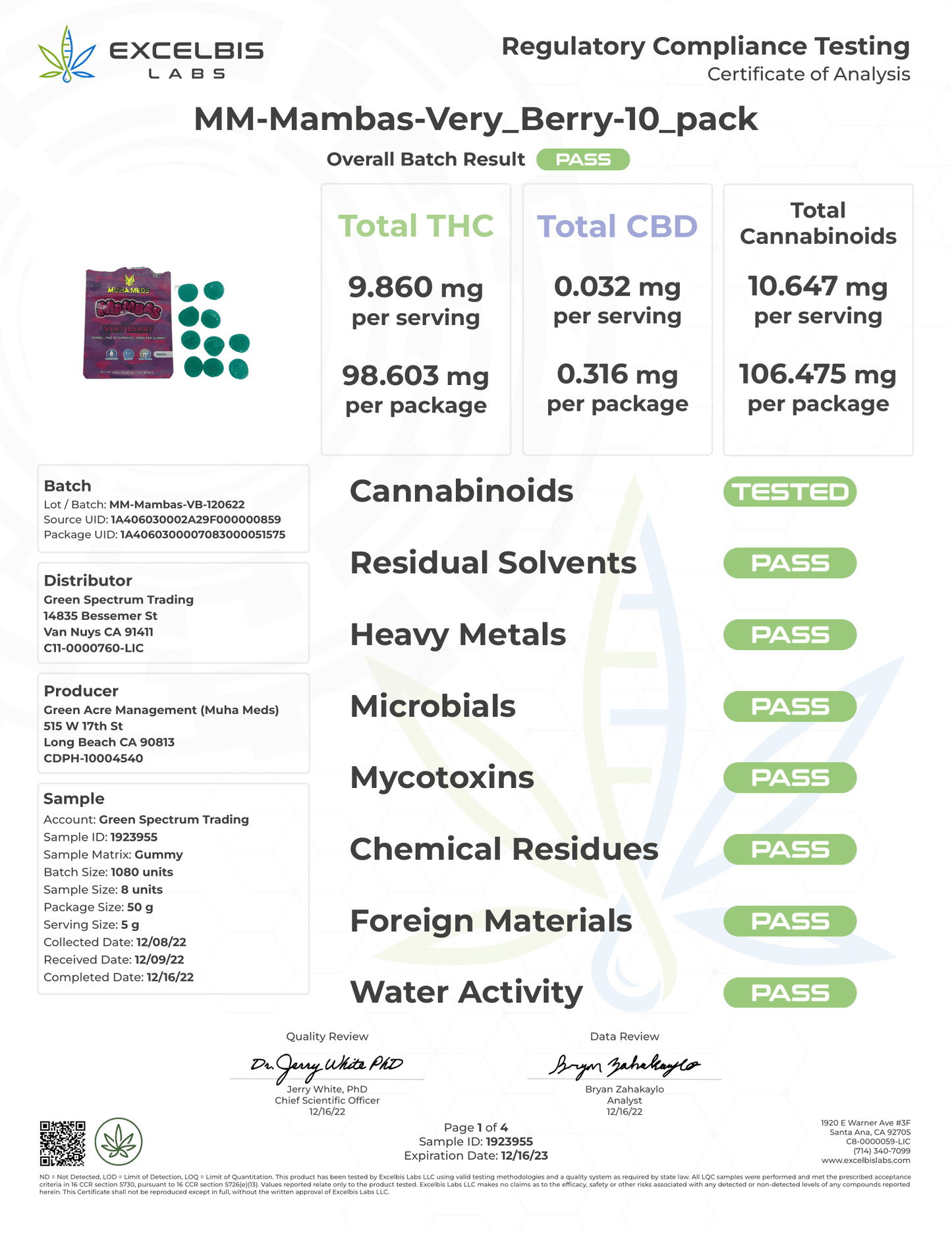 Excelbis Labs MM-Mambas Very Berry 10-pack regulatory compliance testing certificate.