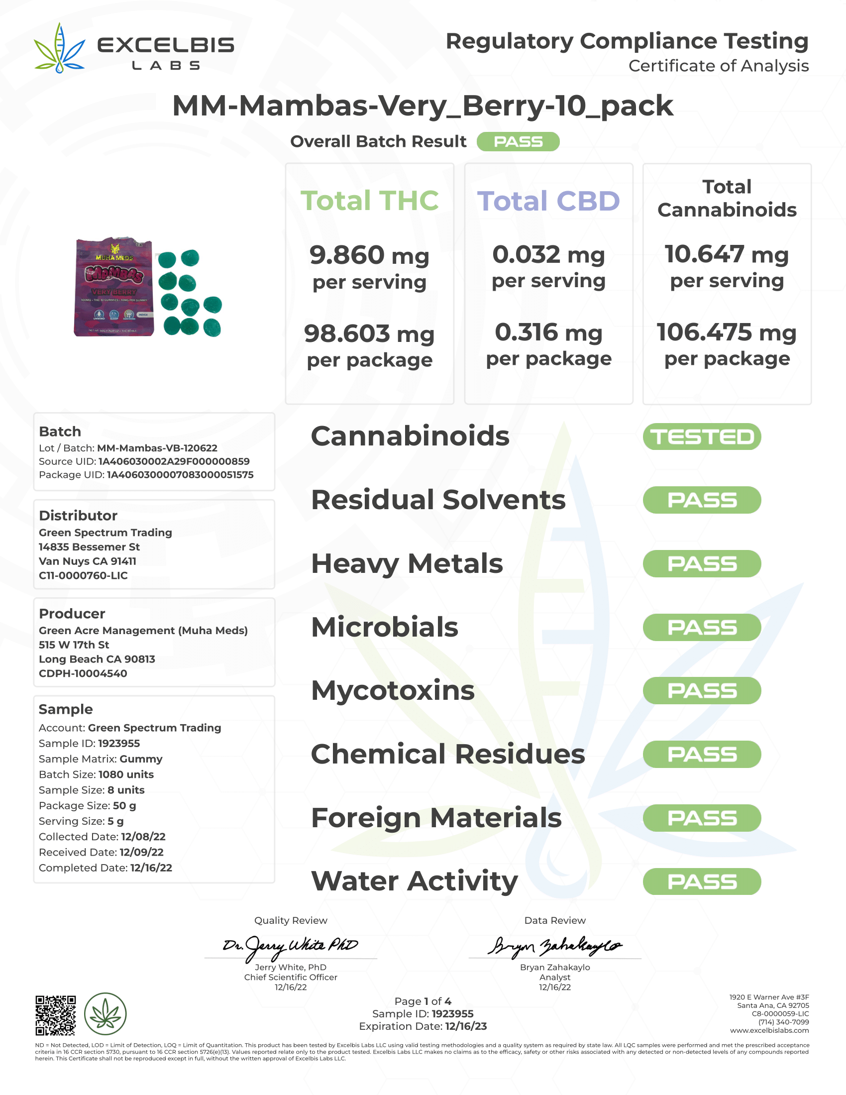 Excelbis Labs MM-Mambas Very Berry 10-pack regulatory compliance testing certificate.