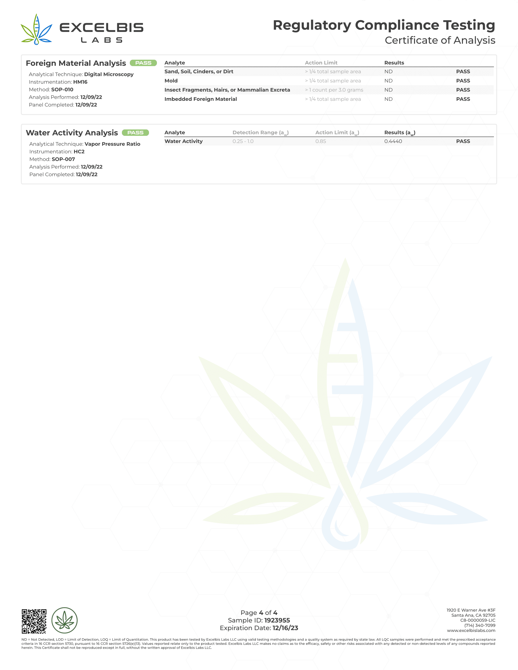 Regulatory Compliance Testing Certificate of Analysis from Excelabis Labs with a cannabis leaf logo.