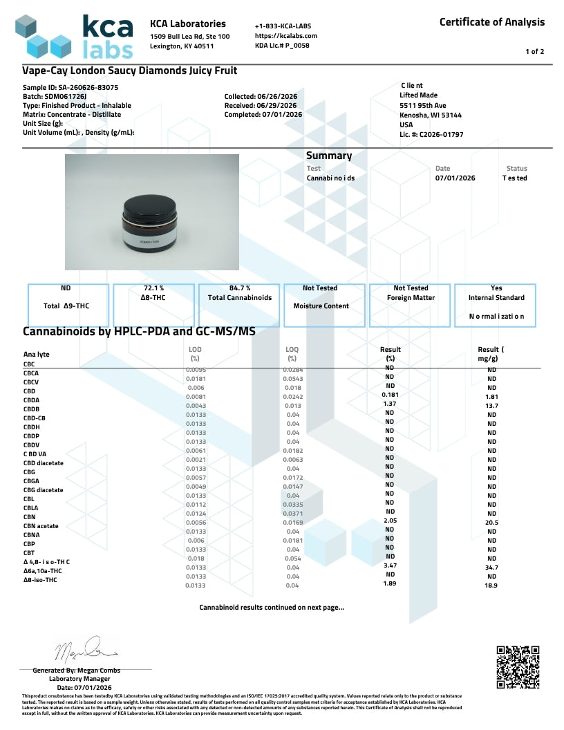 A technical certificate of analysis page from HCA Laboratories, dated 2021/06/26, for Vape-Cay London Sausi Diamonds Juicy Fruit. The page features a small product photo of a black cylindrical container, a summary table, a detailed results table for cannabinoids (THC, CBG, CBN) using HPLC-PDA and GC-MS/MS, and a QR code at the bottom.