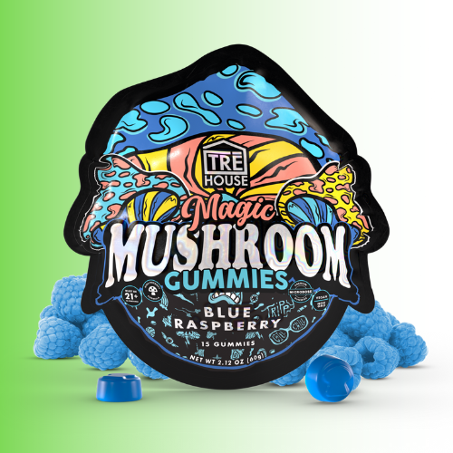TRE House Magic Mushroom Gummies packaging with blue raspberries on a green background. For customers in the Kenosha and Racine area