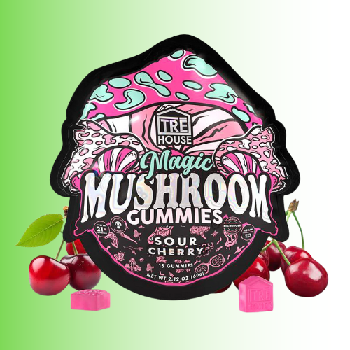 Packaging of TRE House Magic Mushroom Gummies Sour Cherry flavor with cherries on a gradient background. For customers in the Kenosha and Racine area