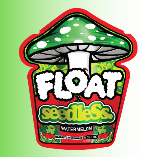 Mushroom-shaped container with 'Float Seedless' branding on a green background. For customers in the Kenosha and Racine area