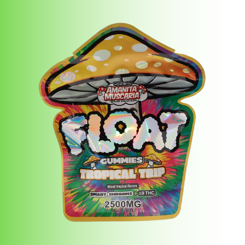 Colorful packaging of Float Gummies with a mushroom design on a green background. For customers in the Kenosha and Racine area