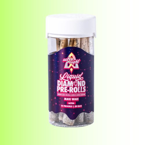 A clear plastic jar of Astoe Eight Liquid Diamond Pre-Rolls in the Maui Wau flavor, featuring a dark purple label with pink and white text and a white lid, set against a green-to-white gradient background.