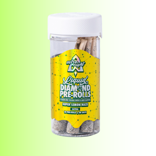 A clear plastic jar of Astro Eight Liquid Diamond Pre-Rolls in the Super Lemon Haze Sativa flavor, featuring a bright yellow label and a white screw cap, set against a light green-to-white gradient background.