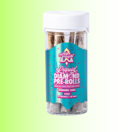 A clear plastic jar of Astro Eight Liquid Diamond Pre-Rolls, Wedding Cake flavor, containing 20 silver pre-rolls. The jar has a white lid and a bright teal label with pink and white text.