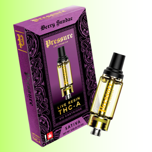 Vape cartridge with 'Pressure' packaging on a light green background