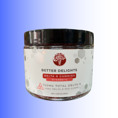 Jar of Better Delights Delta-8 Gummies with a blue gradient background. For customers in the Kenosha and Racine area