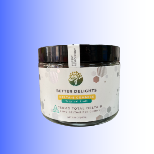 Jar of Better Delights Delta-8 Gummies on a gradient blue and white background. For customers in the Kenosha and Racine area