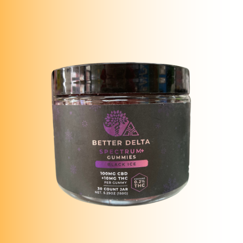 Jar of Better Delta Spectrum+ Black ICE Flavor Gummies on a gradient background. For customers in the Kenosha and Racine area