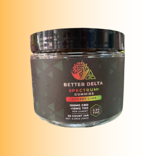 Jar of Better Delta Spectrum Gummies Cherry Lime Flavor orange gradient background. For customers in the Kenosha and Racine area