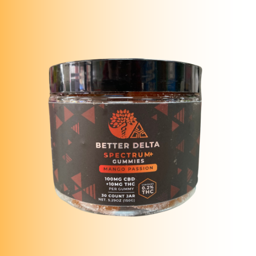Jar of Better Delta Spectrum Gummies Mango Passion Flavor orange gradient background. For customers in the Kenosha and Racine area