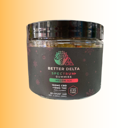 Jar of Better Delta Spectrum+ Melon Ice Flavor Gummies on a gradient background. For customers in the Kenosha and Racine area