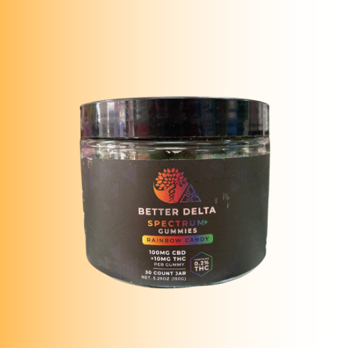 Jar of Better Delta Spectrum Gummies Rainbow Candy Flavor on a gradient background. For customers in the Kenosha and Racine area