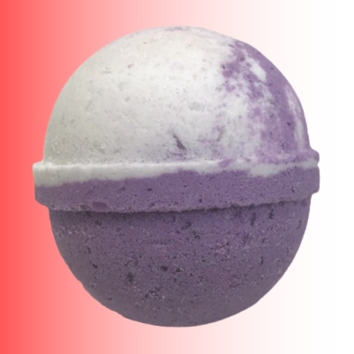 Purple and white bath bomb on a gradient background. For customers in the Kenosha and Racine area