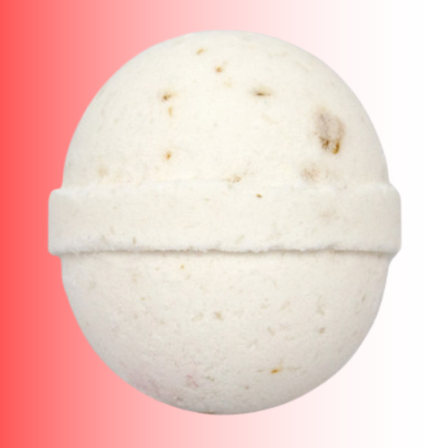 White bath bomb with visible texture on a gradient pink background. For customers in the Kenosha and Racine area