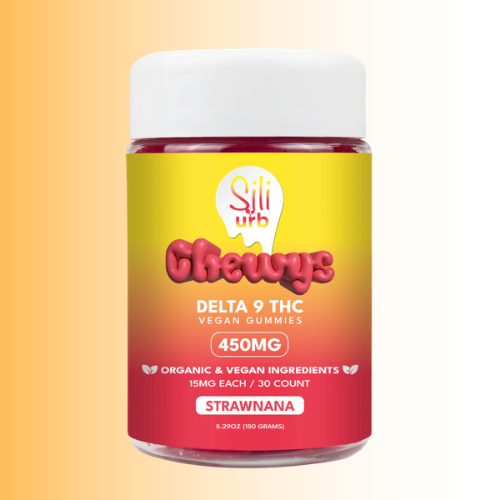 Jar of Sili Urb Delta 9 THC Vegan Gummies on a gradient background