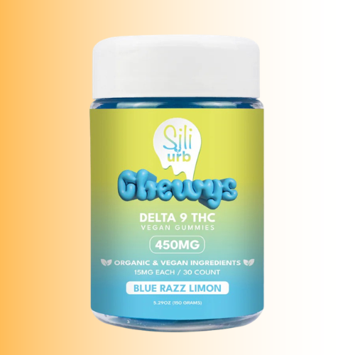 Jar of Sili urb Delta 9 THC Vegan Gummies on a gradient background