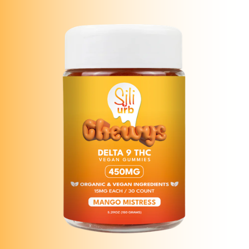 Jar of Sili Urb Delta 9 THC Vegan Gummies on a gradient background