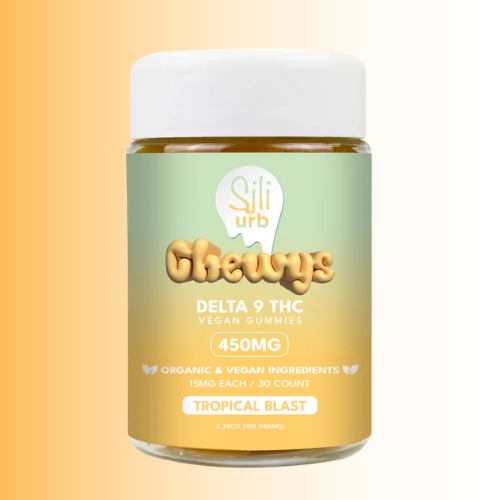 Jar of Sili Urb Chewys Delta 9 THC Vegan Gummies on a gradient background
