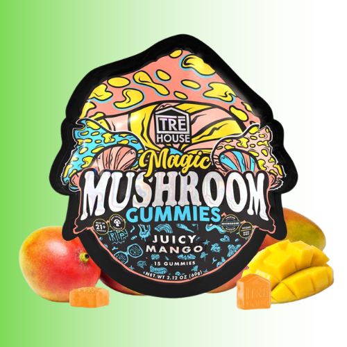 Mushroom gummies packaging with mangoes on a gradient background. For customers in the Kenosha and Racine area