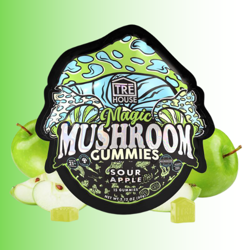 TRE House Magic Mushroom Gummies packaging with sour apple flavor on a green background. For customers in the Kenosha and Racine area