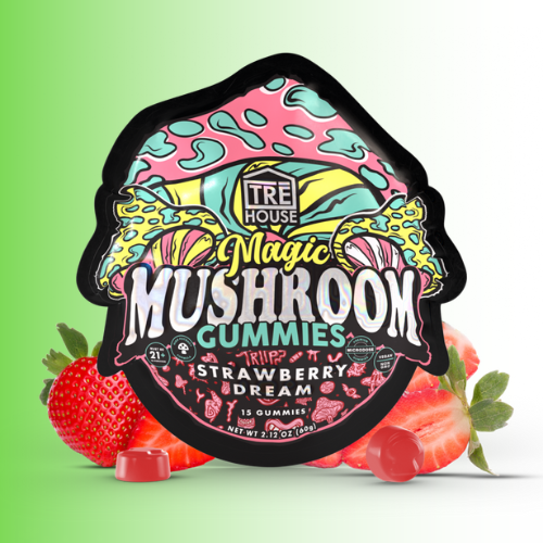 TRE House Magic Mushroom Gummies packaging with strawberries on a green background. For customers in the Kenosha and Racine area