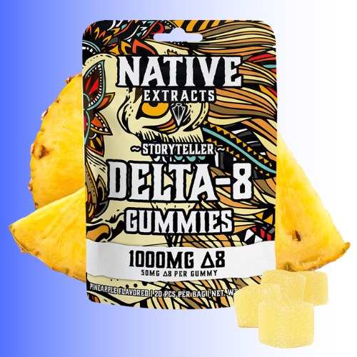 Delta-8 gummies packaging with pineapple flavor on a blue background , for customers in Kenosha and Racine
