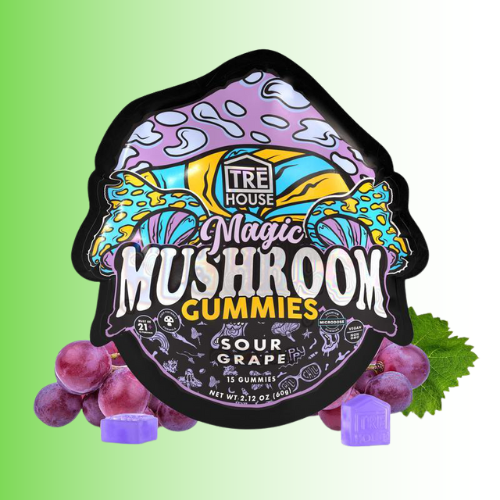Mushroom gummies packaging, flavor Sour Grape, with grapes and a green leaf on a gradient background. For customers in the Kenosha and Racine area