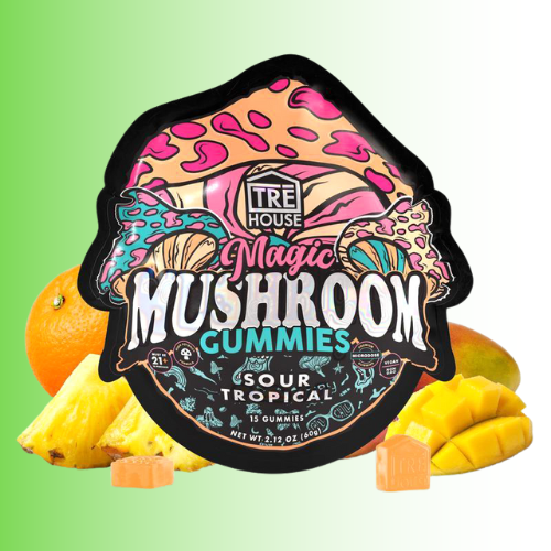 TRE House Magic Mushroom Gummies packaging, flavor Sour Tropical, with fruits on a gradient background. For customers in the Kenosha and Racine area