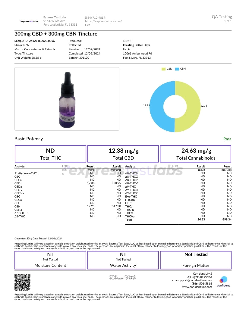 A document page from Experimenter Test Labs showing a 300mg CBD + 300mg CBN Tincture quality report. The page includes a product label mockup, a blue and green donut chart, potency tables, and regulatory text sections.