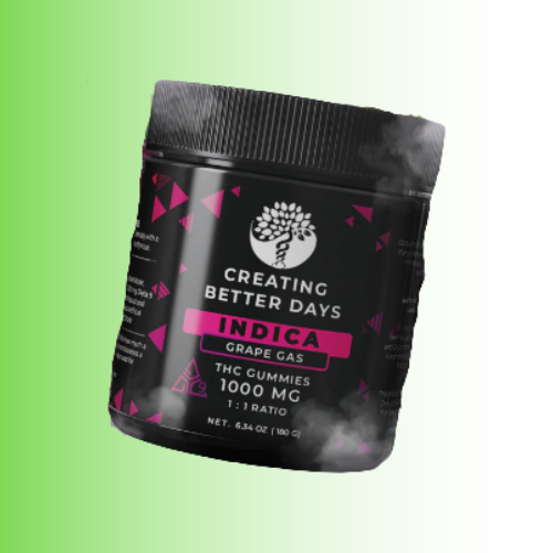 Black container labeled 'Creating Better Days, flavor Grape Gas, THC gummies on a green background. For customers in the Kenosha and Racine area
