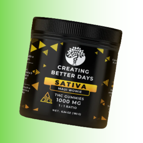 Black container labeled 'Creating Better Days Sativa, flavor Maui Wowie, THC gummies on a black and gold background. For customers in the Kenosha and Racine area