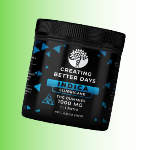 Black container of 'Creating Better Days' Indica Slurricane THC Gummies on a gradient green and white background. For customers in the Kenosha and Racine area