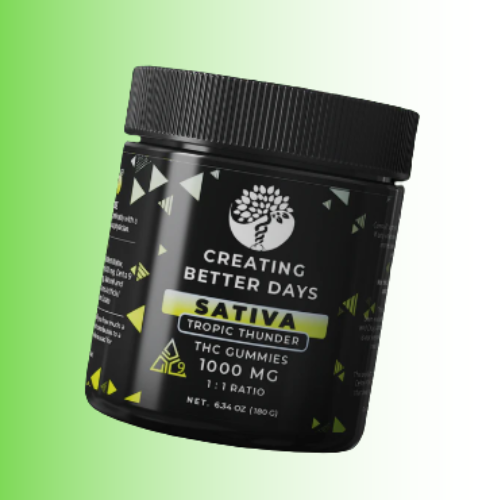 Black container labeled 'Creating Better Days' with Sativa Tropic Thunder THC Gummies on a black and green background. For customers in the Kenosha and Racine area