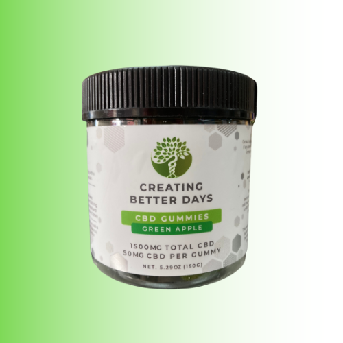 Jar of CBD gummies labeled 'Creating Better Days' on a green background. For customers in the Kenosha and Racine area