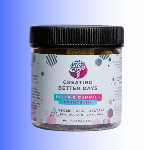Jar of Delta-8 gummies with 'Creating Better Days' label on a blue background. For customers in the Kenosha and Racine area