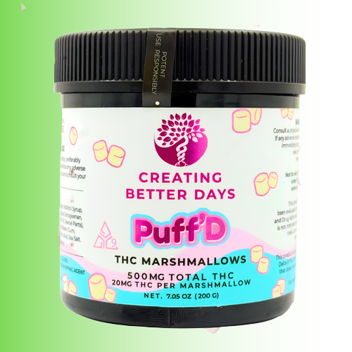 A black plastic jar of Puff'D 'Creating Better Days' THC Marshmallows, 7.05 oz, on a light green gradient background.
